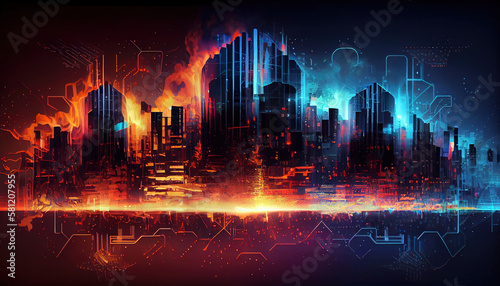 Smart city Digital technology  internet network connection  IoT internet of things. Computer  surfing internet futuristic innovative technology clear background  explosion fire - Generative AI 