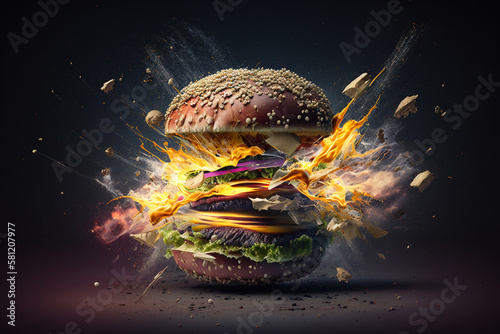 Deconstruction of a cheeseburger, Burger explosion, Generative Ai