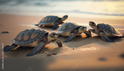 Turtles on the sand, animals that live in two worlds, Generative AI