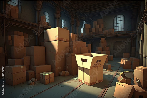 Background of cardboard boxes inside warehouse, logistic center. Warehouse filled with cardboard boxes