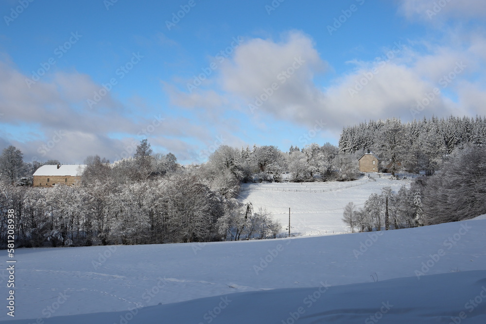 Paysage enneigé en forêt de Corrèze, France