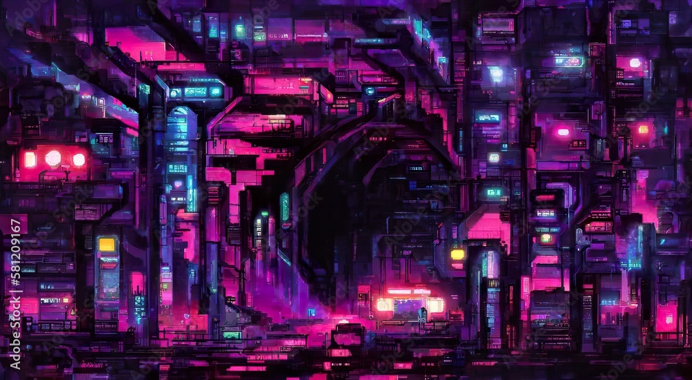 Cyberpunk neon city night. Purple violet Futuristic city scene in a style of pixel art. 80's wallpaper. Retro future Generative AI illustration. Urban scene.