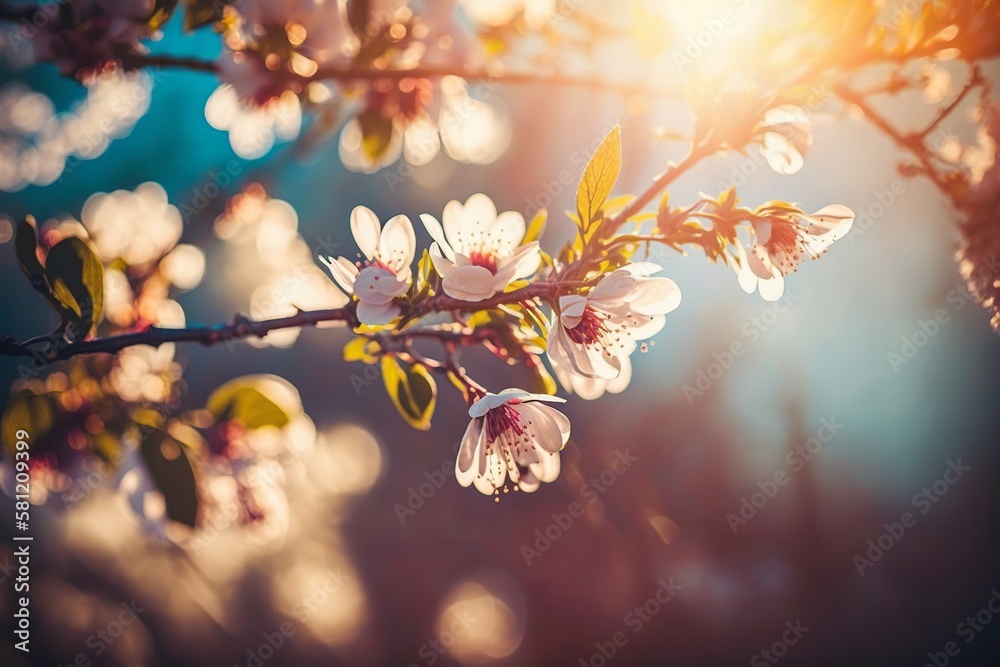 Spring blossom background. Nature scene with blooming tree and sun flare. Spring flowers. Beautiful orchard Generative AI