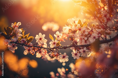 Spring blossom background. Nature scene with blooming tree and sun flare. Spring flowers. Beautiful orchard Generative AI