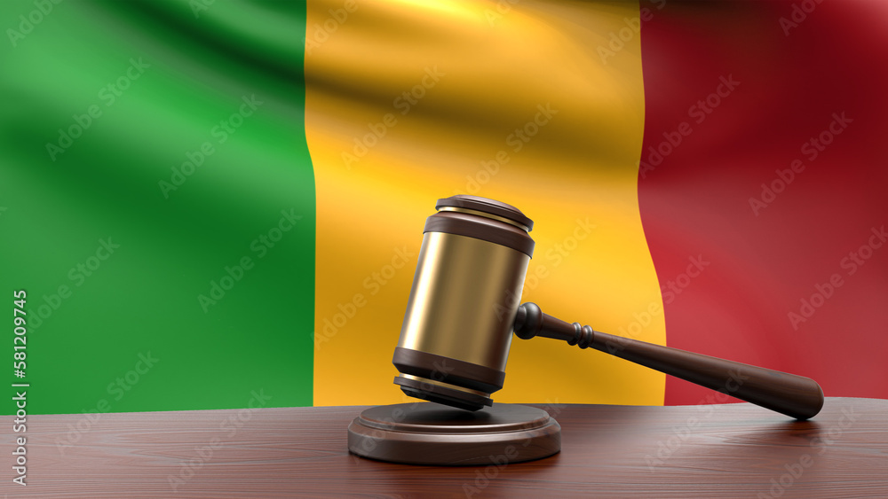 Mali country national flag with judge gavel hammer on court desk concept of constitutional law and justice based on wood desk table 3d rendering image