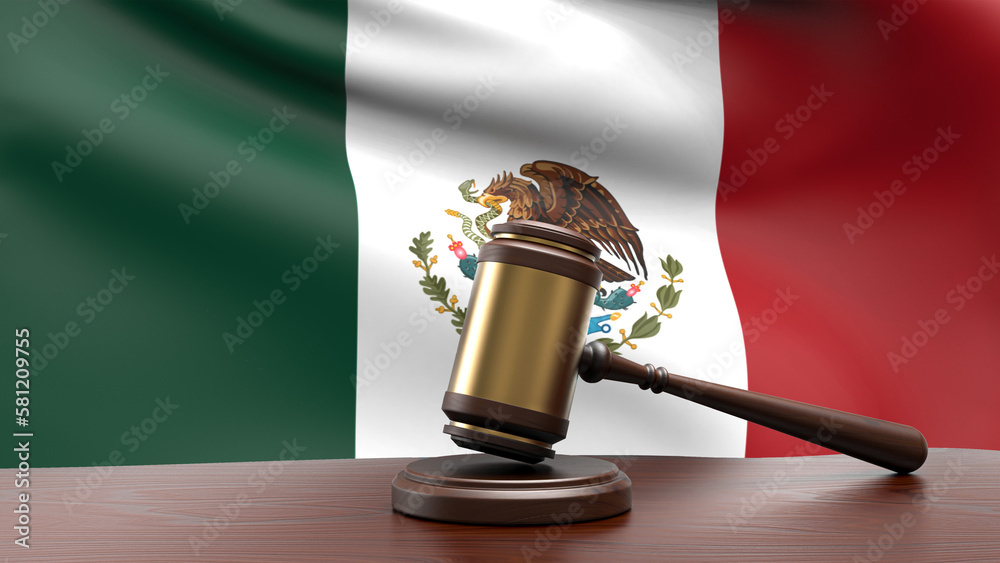 Mexico country national flag with judge gavel hammer on court desk concept of constitutional law and justice based on wood desk table 3d rendering image