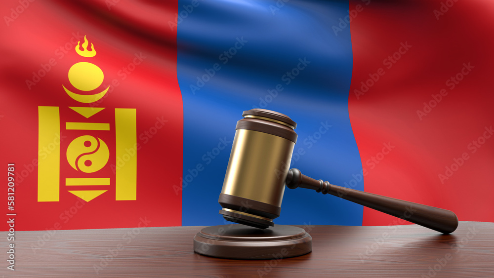 Mongolia country national flag with judge gavel hammer on court desk concept of constitutional law and justice based on wood desk table 3d rendering image