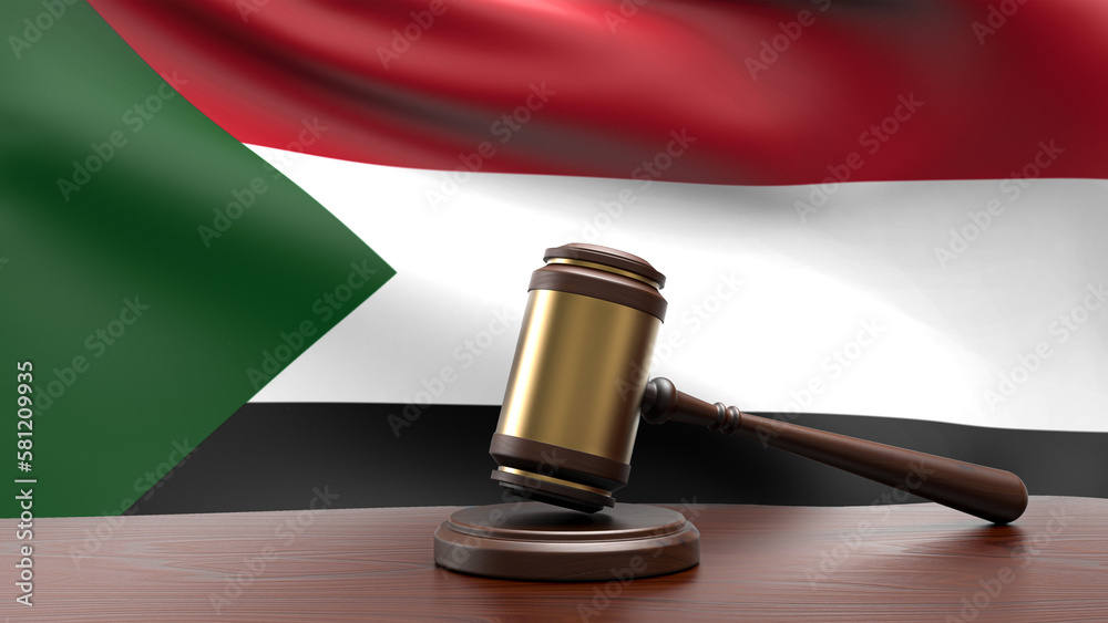 Sudan country national flag with judge gavel hammer on court desk concept of constitutional law and justice based on wood desk table 3d rendering image