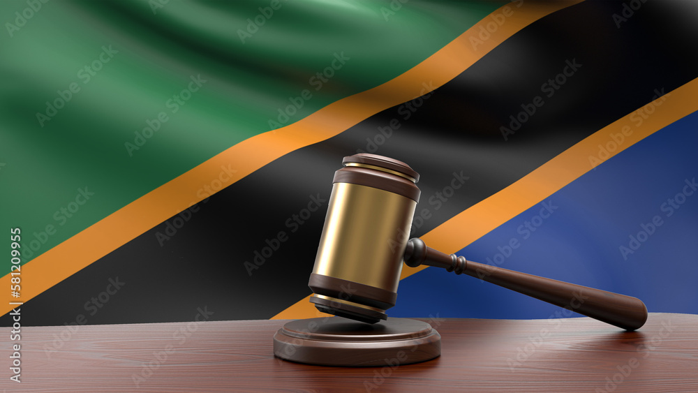 Tanzania country national flag with judge gavel hammer on court desk concept of constitutional law and justice based on wood desk table 3d rendering image