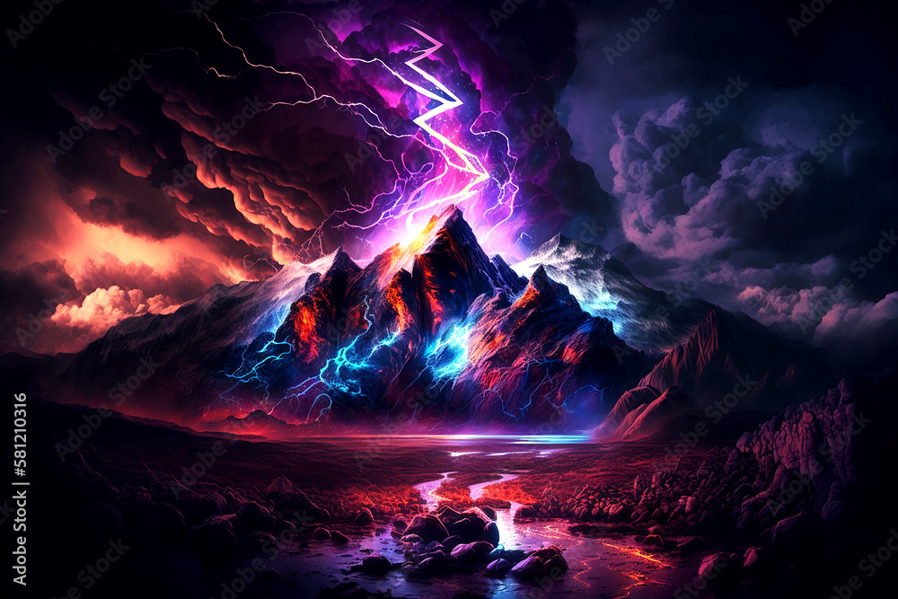 abstract landscape with glowing neon thunderstorm. Generative ai