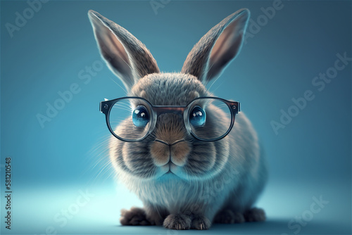Cute funny rabbit in sunglasses on a blue background. Generate Ai