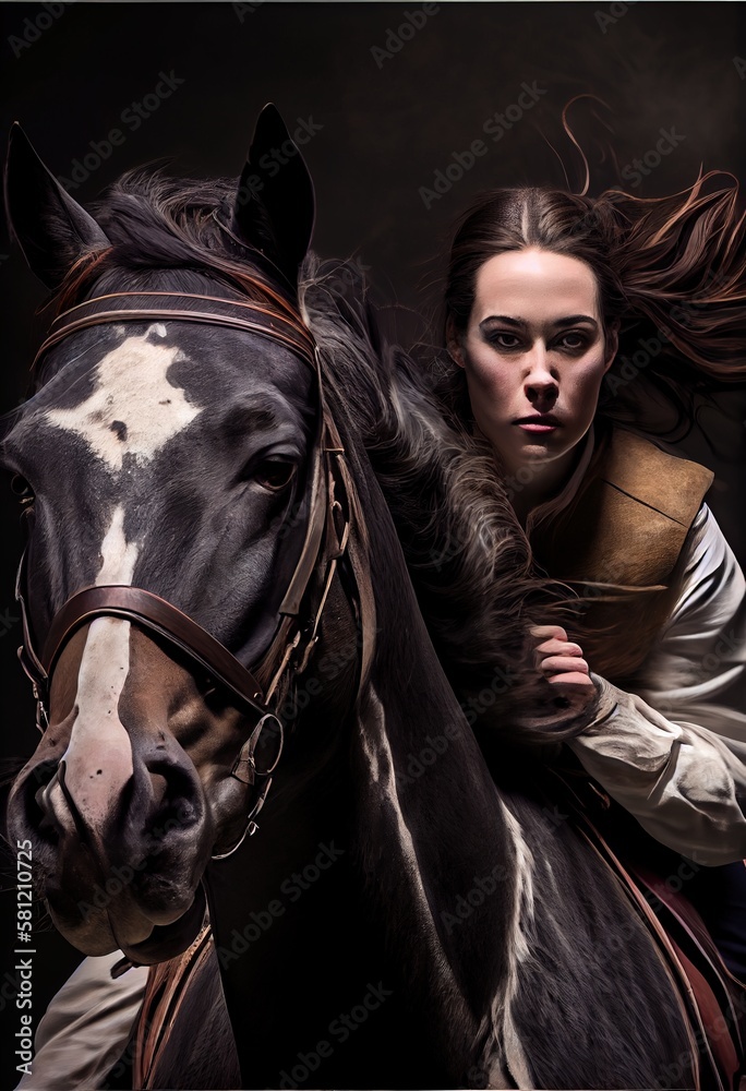 The rider next to his fast horse. Rider on horseback. Generative AI Art