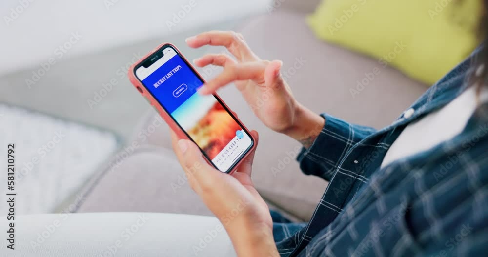 Hands, holiday and phone screen of a woman on a website for vacation, trip and bucket list. Search, online and a girl on a mobile app to book a flight, travel experience or browsing a package