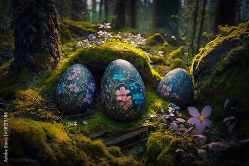 easter eggs in a forest