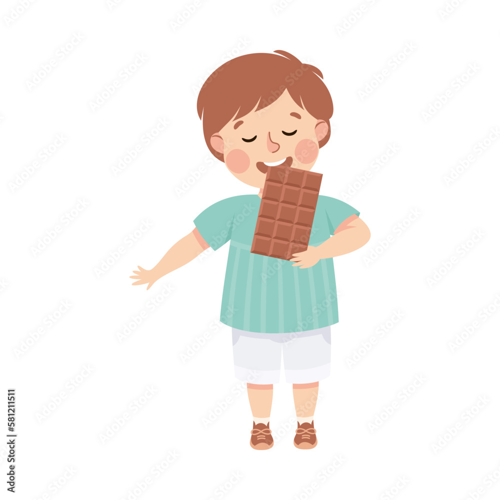 Little Boy Eating Sweet Bar of Chocolate with Happy Face Enjoying Sugary Treat Vector Illustration Little Boy Eating Sweet Bar of Chocolate with Happy Face Enjoying Sugary Treat Vector Illustration