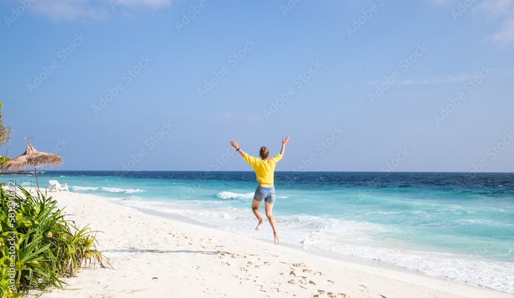 beautiful woman having fun on a tropical beach beautiful woman having fun on a tropical beach