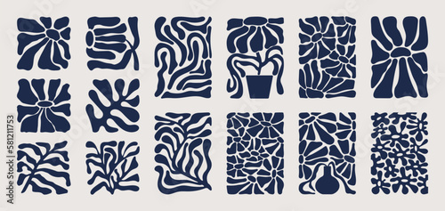 Modern floral poster with black flowers and leaves. Abstract posters set with minimalist elements