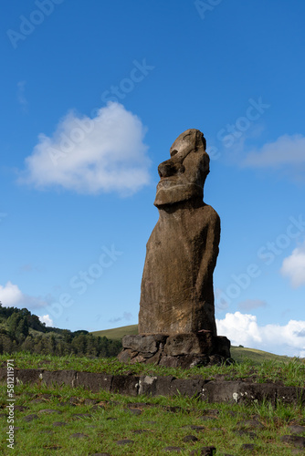 Side view of Moai on the Ahu Huri A Urenga on Easter Island (Rapa Nui), Chile. Ahu Huri a Urenga is a platform with a single moai with two pairs of hands. photo