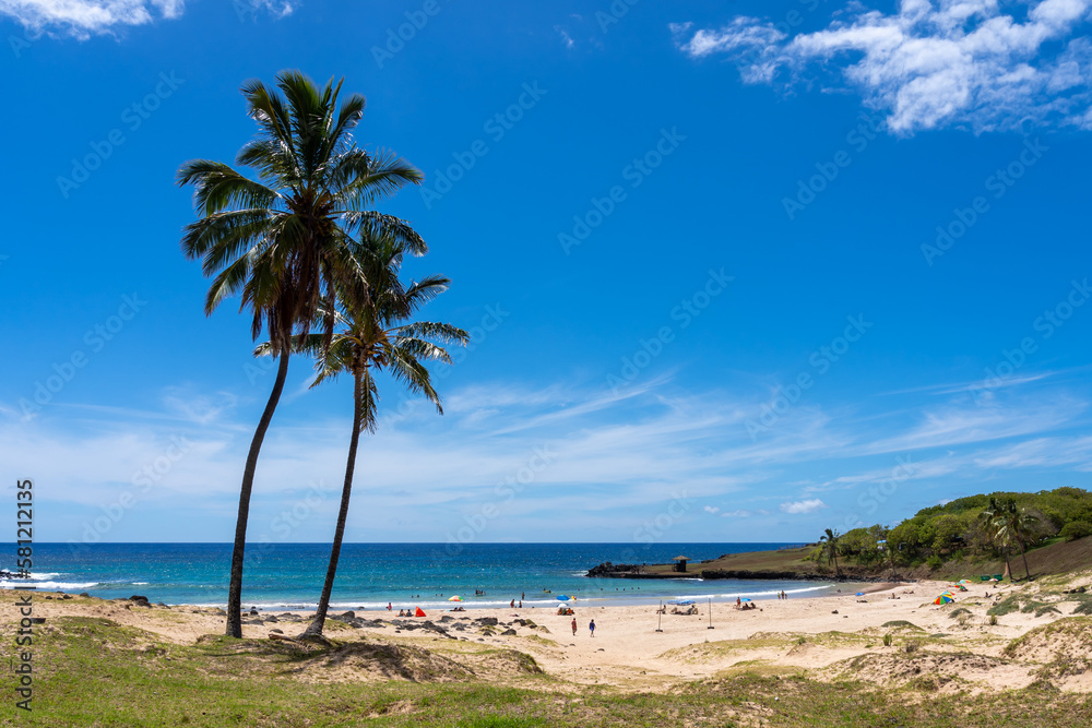 View of the Anakena Beach on Easter Island (Rapa Nui), Chile. Anakena is the biggest sand beach of Rapa Nui located at the north-east side of the island. View of the Anakena Beach on Easter Island (Rapa Nui), Chile. Anakena is the biggest sand beach of Rapa Nui located at the north-east side of the island.