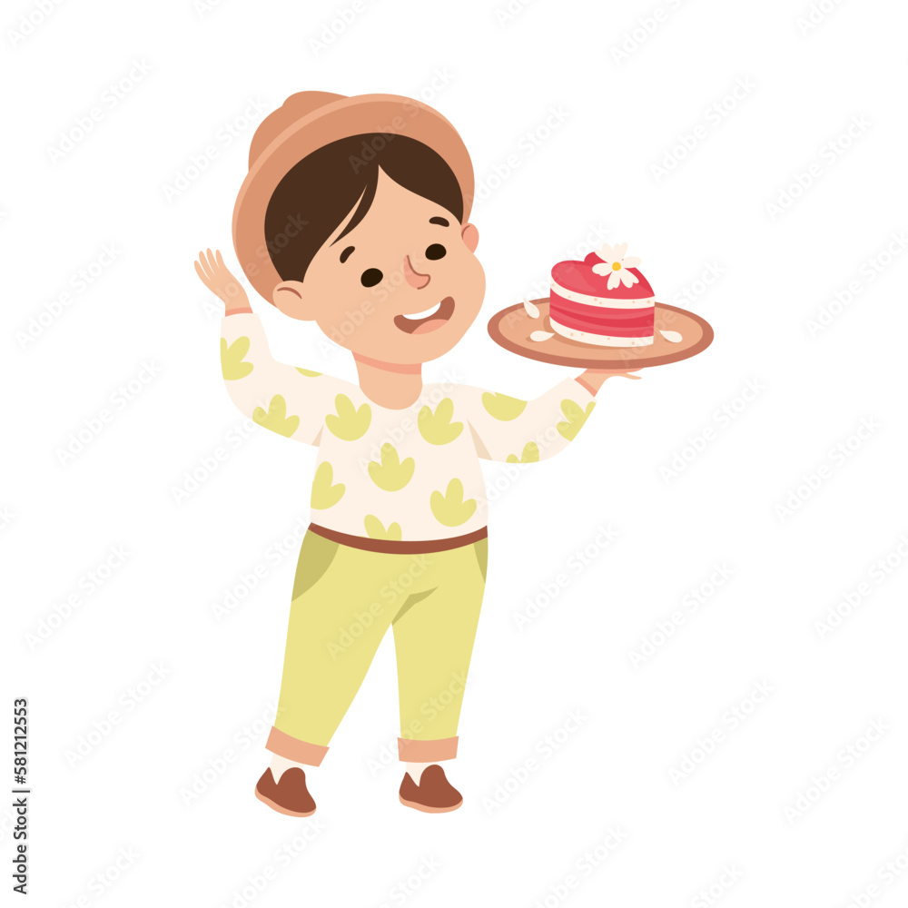 Little Boy Eating Sweet Cake on Plate with Happy Face Enjoying Sugary Treat Vector Illustration Little Boy Eating Sweet Cake on Plate with Happy Face Enjoying Sugary Treat Vector Illustration