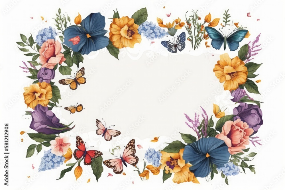 Floral frame with butterflies on a white background for greeting cards with copy space. Flowers are seamlessly arranged to form a beautiful border. Generative AI.