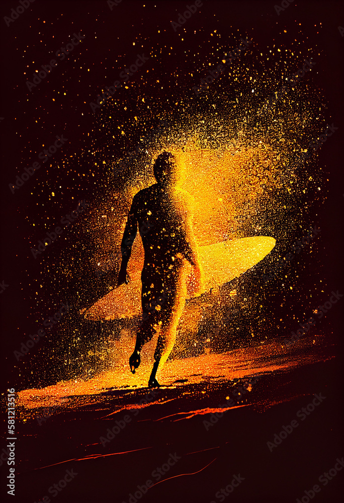 silhouette of  a surfer in the beach, neon particles, generative ai