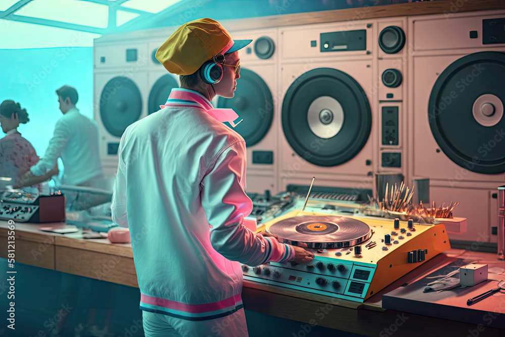 Generative AI Illustration of a music producer and dj creating music in a futuristic studio in vivid and colorful pastel colors