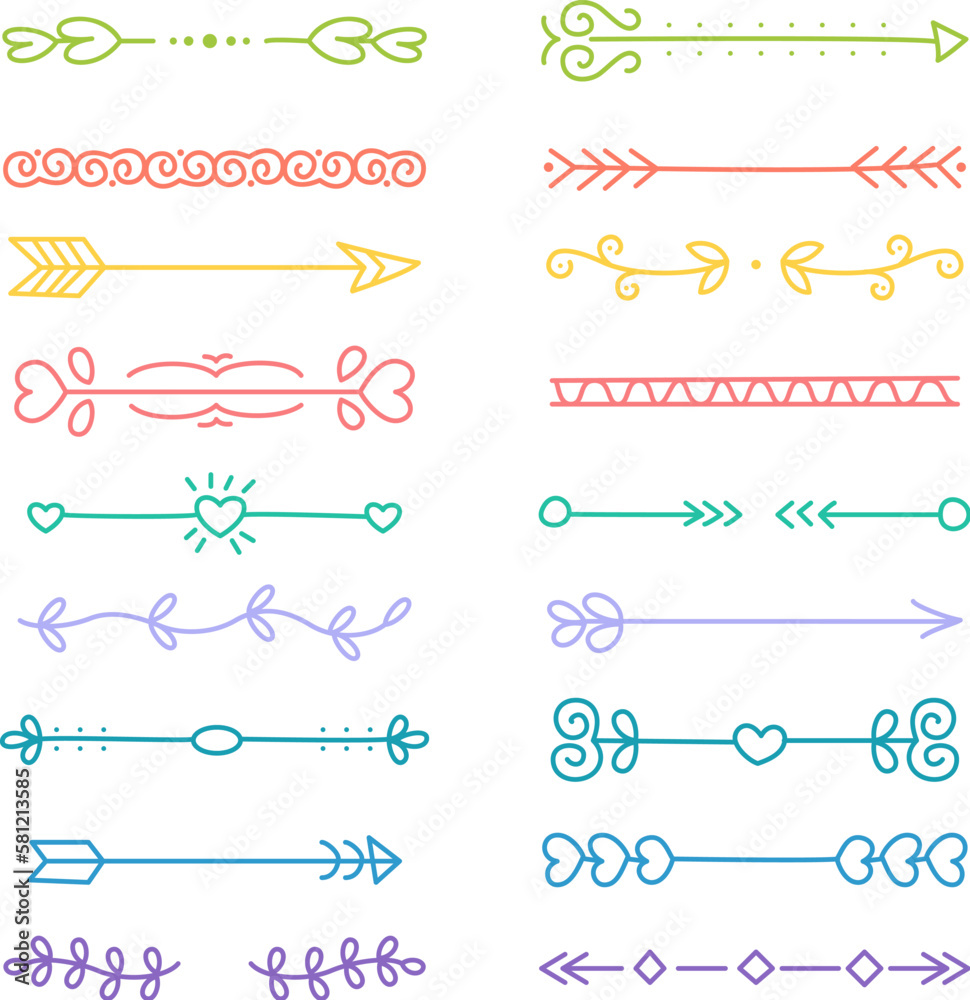 Set of decorative arrows, doodle text dividers, ornaments.