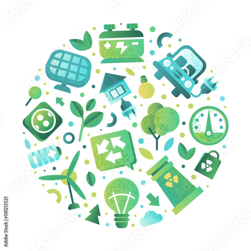 Eco friendly signs in round shape. Ecology and renewable energy banner, poster, card with eco friendly technologies symbols vector illustration
