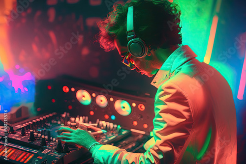 Generative AI Illustration of a Dj wearing headphones and surrounded by the sound system playing music in a club. Vivid pastel colors. Pop artwork