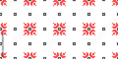 Ukrainian fabric pattern. Vector polka dot pattern with flowers. Cross stitch, traditional embroidery. Print in red and black color. Simple fabric texture. Pixel art, vyshyvanka, cross stitch