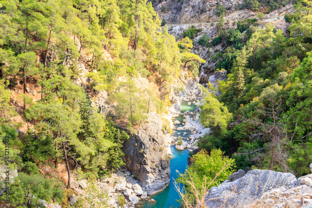 View of a mountain river in Goynuk canyon in Antalya province, Turkey. View from above View of a mountain river in Goynuk canyon in Antalya province, Turkey. View from above
