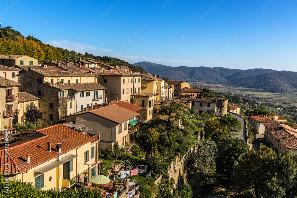 Cortona, Italy. Scenic view of medieval town under Tuscany sky
