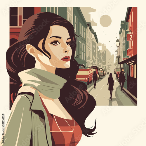 Beautiful elegant woman standing on the street, vector flat illustration, EPS 10.