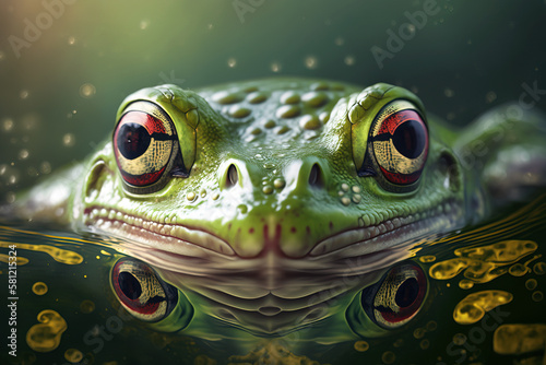 Beautiful macro portrait of green frog coming out of the water. Incredible super detailed nature photography. AI generated art