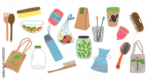Zero waste recycle and reusable products set. Glass jar, wooden cutlery, eco grocery bags, comb, comb and brush, menstrual cup vector illustration