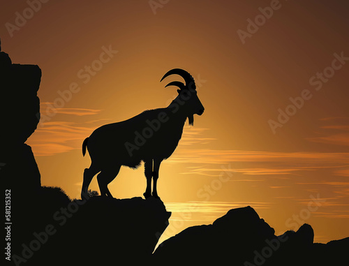 A goat perched on a rocky outcrop silhouetted against a majestic sunset. Lifestyle concept. AI generation.