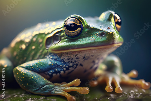 Beautiful Green Frog macro portrait. Amazing super detailed nature photography. Ai generated art