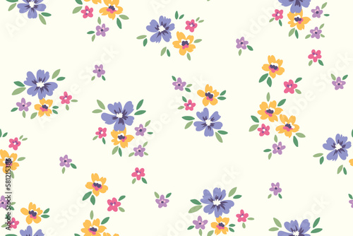 Seamless floral pattern  rustic ditsy print with cute spring botany in liberty arrangement. Pretty botanical design  small hand drawn flowers buds  tiny leaves on white background. Vector illustration