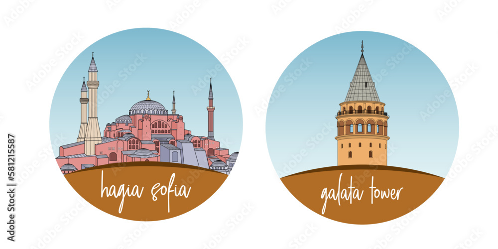 Hagia Sofia and Galata Tower, landmark of Turkey. Vector illustration