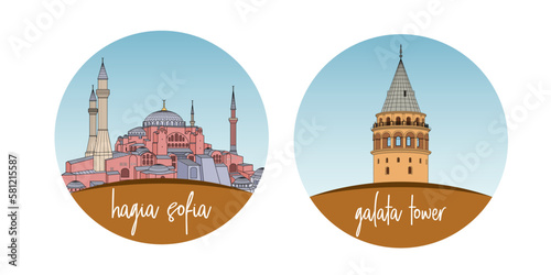 Hagia Sofia and Galata Tower, landmark of Turkey. Vector illustration photo