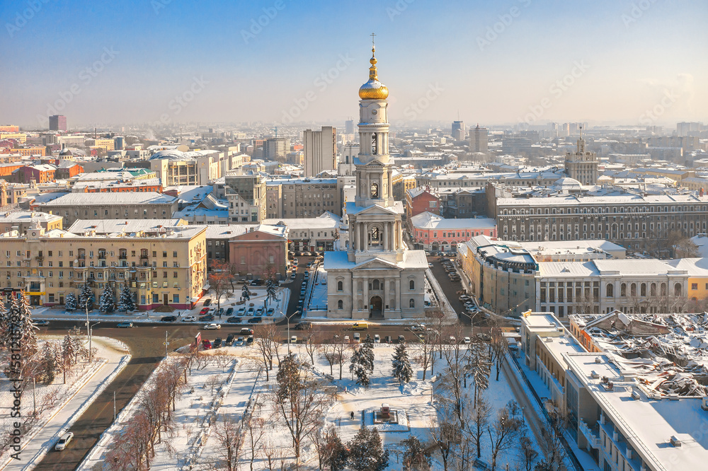 Kharkiv, Ukraine - January 20th, 2021: Aerial view to the central part of the city with historic buildings and city administration