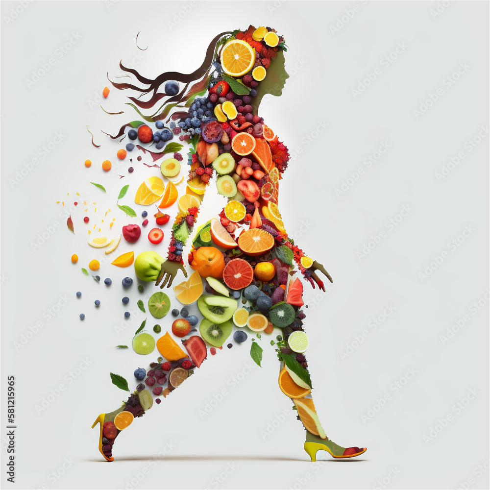 Woman made out of fruits on white background. Generate Ai Woman made out of fruits on white background. Generate Ai