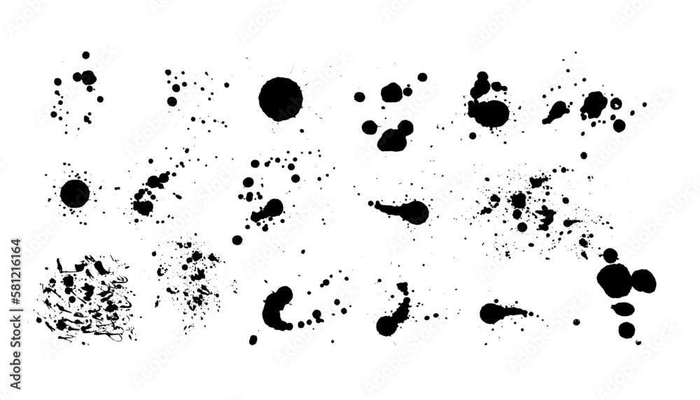 Ink splashes. Black inked splatter dirt stain splattered spray splash with drops blots isolated. Ink splashes stencil. High quality manually traced. Drops blots isolated. Vector illustration Ink splashes. Black inked splatter dirt stain splattered spray splash with drops blots isolated. Ink splashes stencil. High quality manually traced. Drops blots isolated. Vector illustration