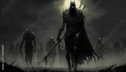 An army of darkened ghouls march across the land shrouded in mystery. Fantasy art. AI generation. © Justlight