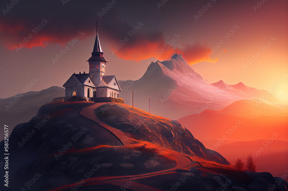 church on top of mountain, red sunset