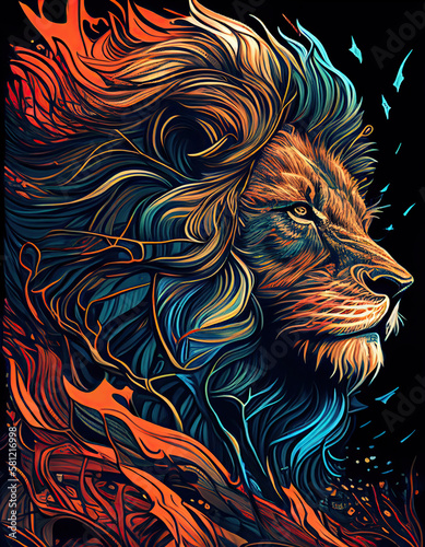 Lion illustration logo, ethereal, spiritual, beautiful painting. Colorful, majestic. Generative AI
