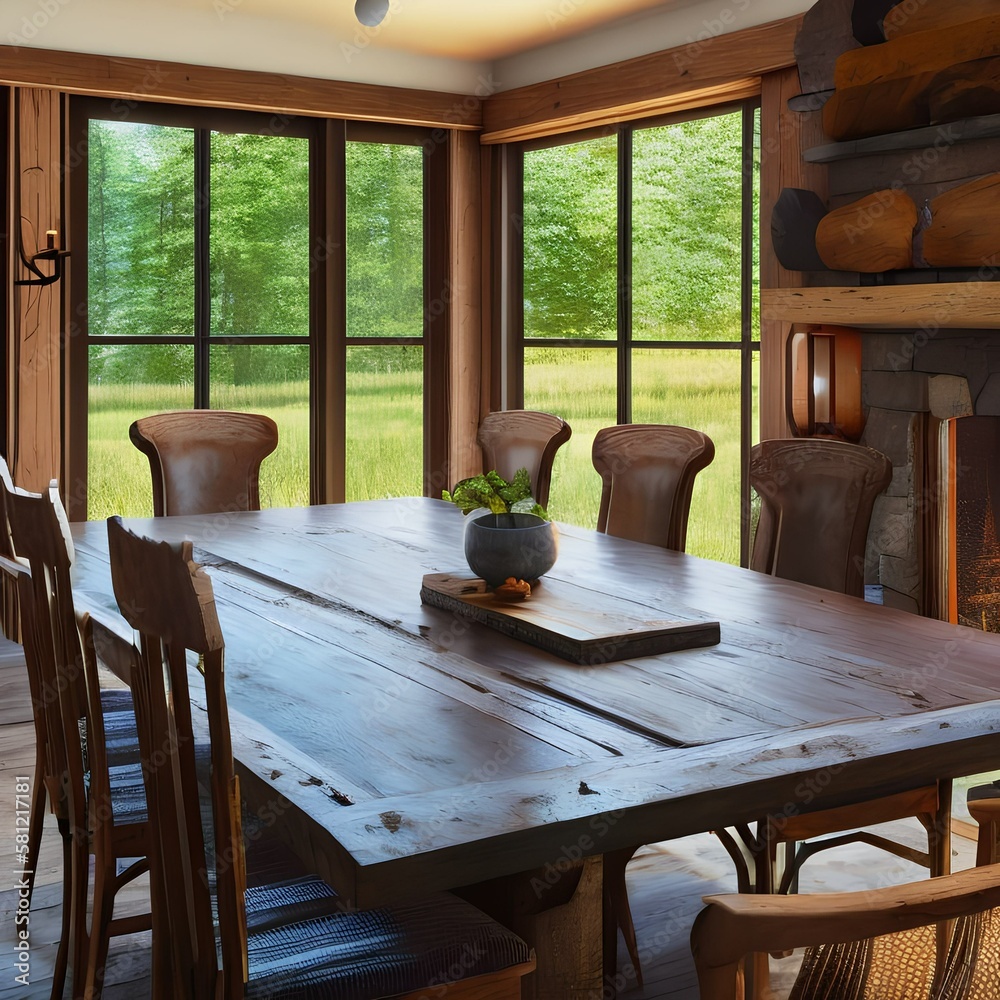 This rustic dining room features a large farmhouse table and mismatched ...