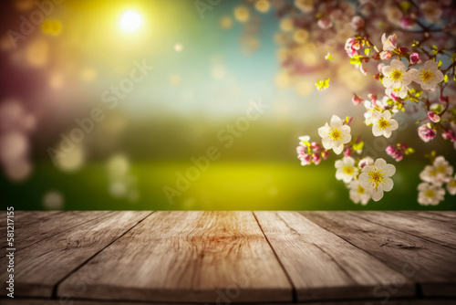 Empty wooden table in the field with a spring landscape  for product presentation