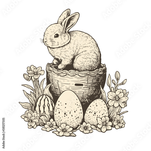 Easter bunny surrounded by easter eggs vintage engraving style illustration.